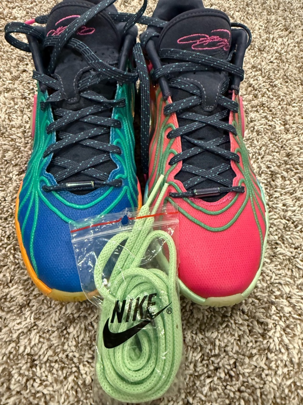 Nike LeBron Kids Two-Tone Blue and Pink Sneakers with Lime Laces